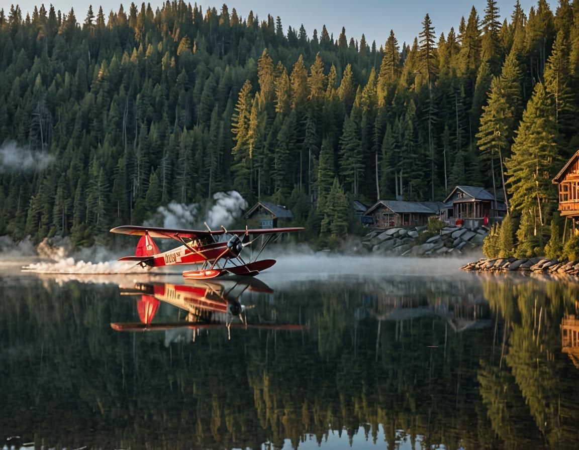 1920s Seaplane Takes Flight at Misty Sunrise