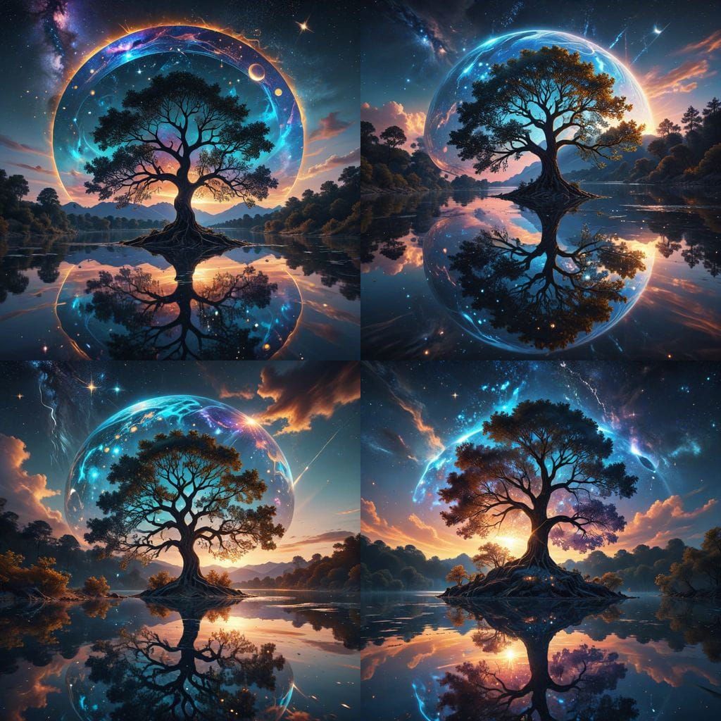 Surreal Tree of Life on Mirrored Lake at Infinity with Vibra...