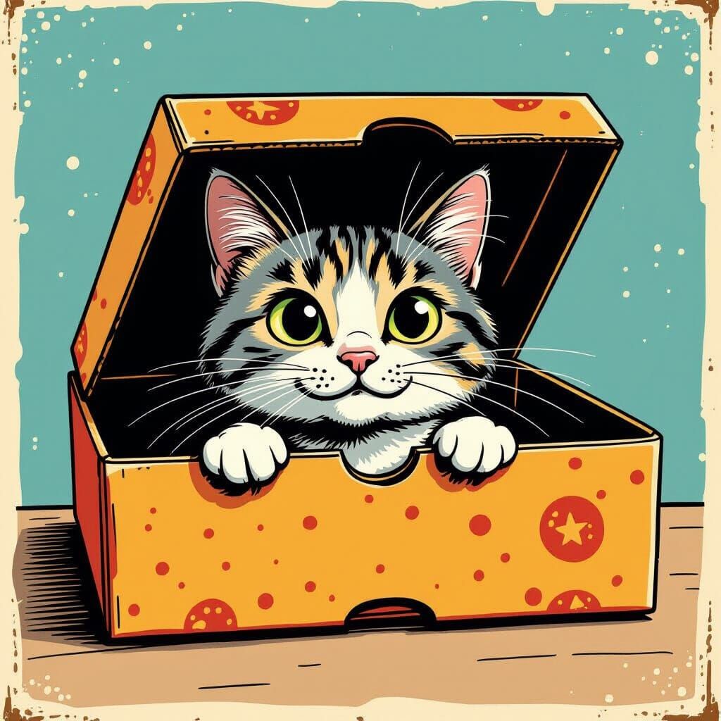 Cat Peeking Out of Pizza Box Illustration