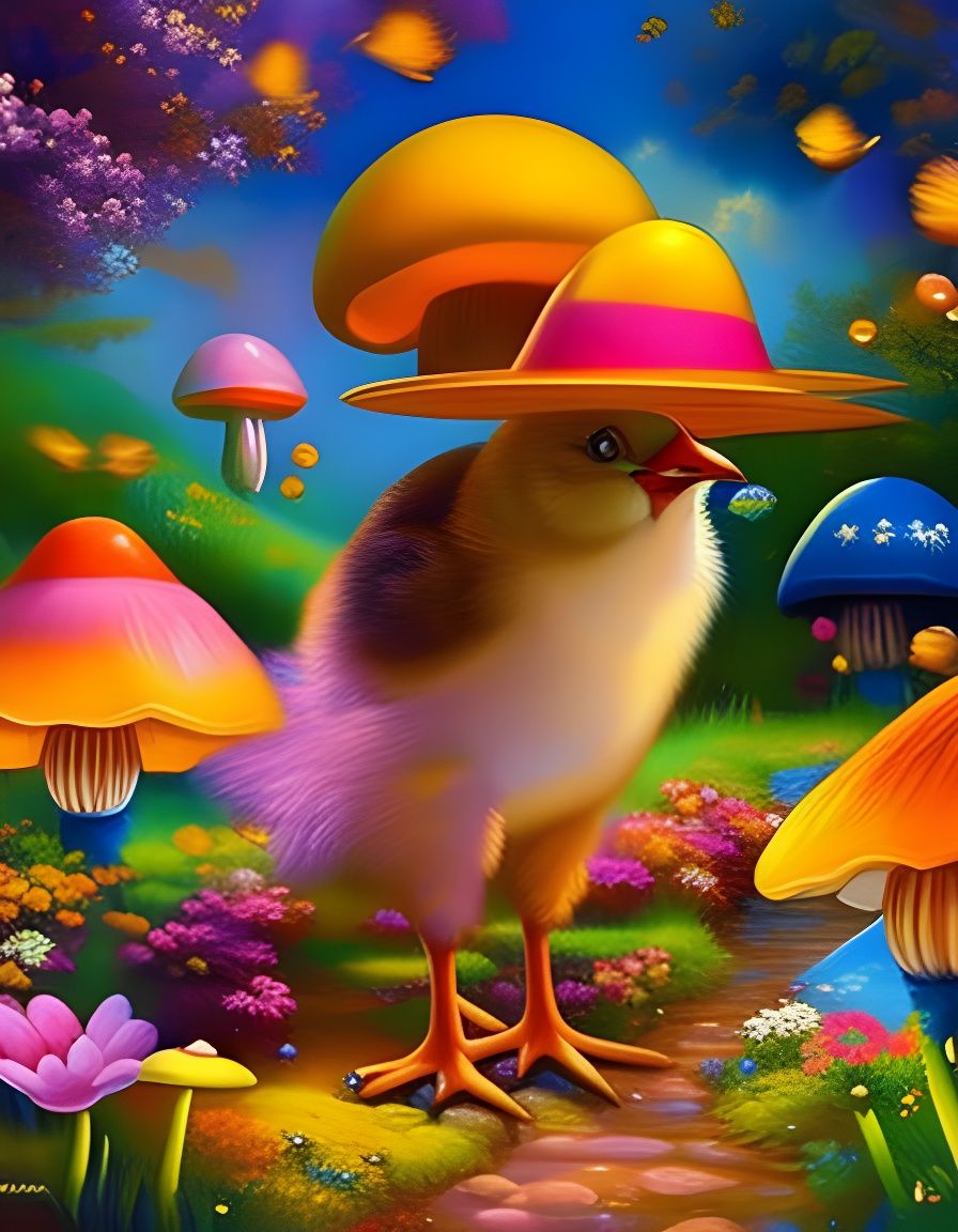 Happy Chick in Enchanted Land, Oil Painting