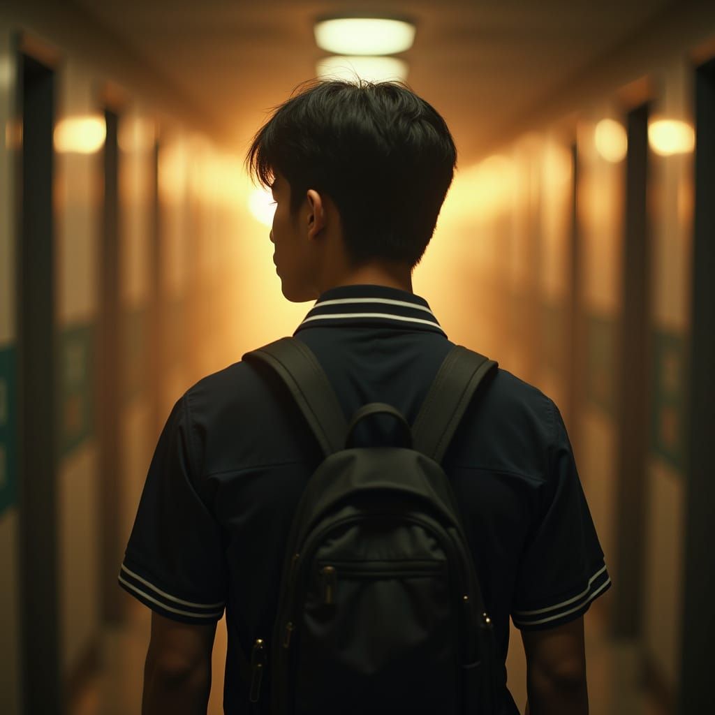 Brooding Young Asian Man Contemplates in Golden Lit School H...