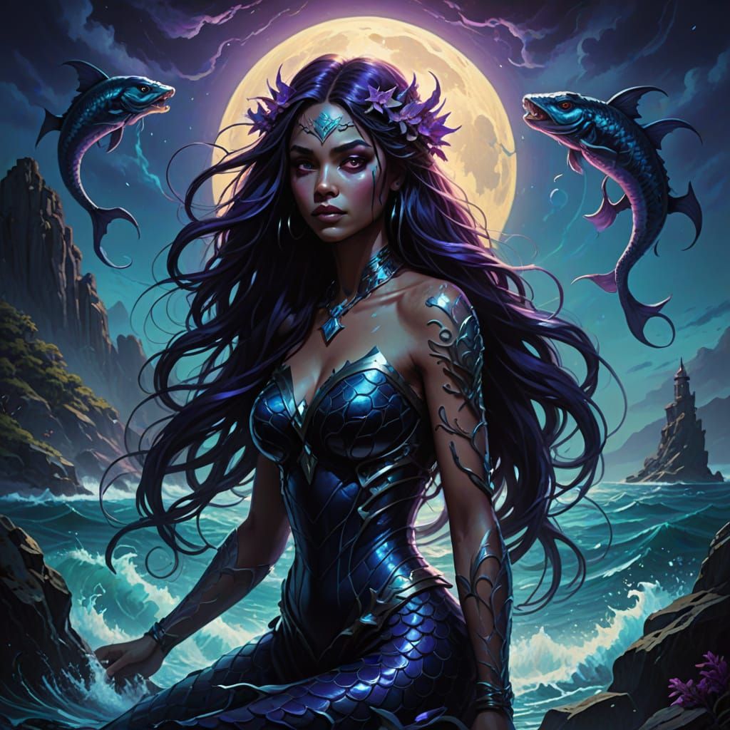 Sensual Dark Mermaid Goddess Surrounded by her Serpentine Co...
