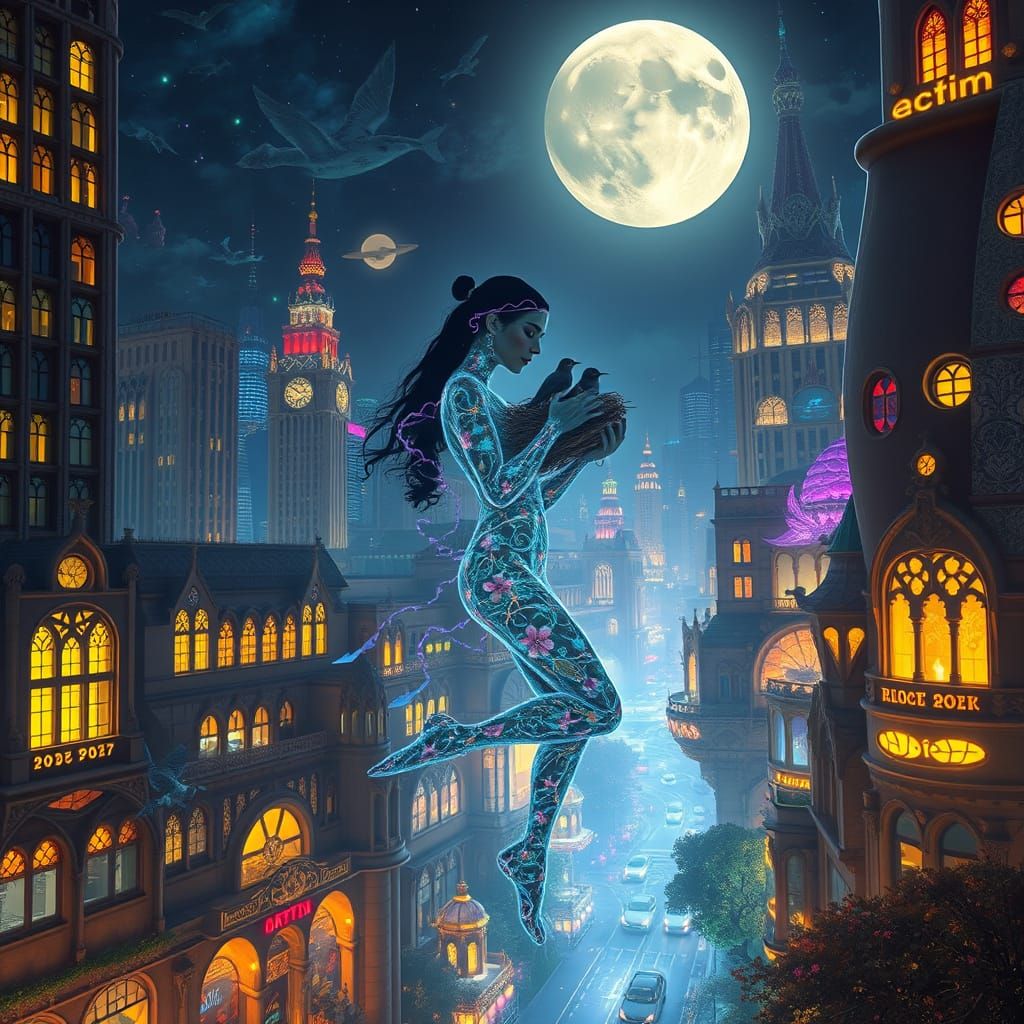 Surreal Bioluminescent Figure Floating Over Vibrant Cityscap...