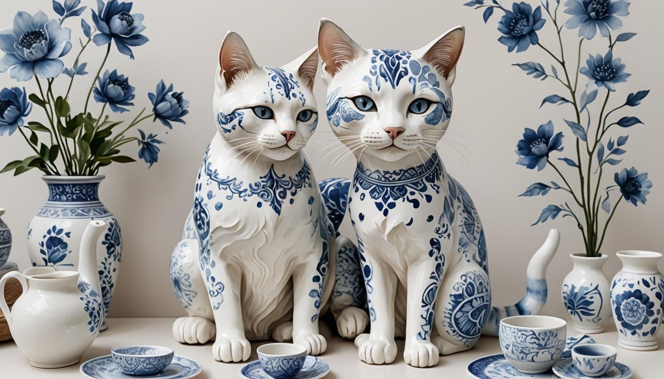 Porcelain Cat with Indigo Patterns in Watercolour Style