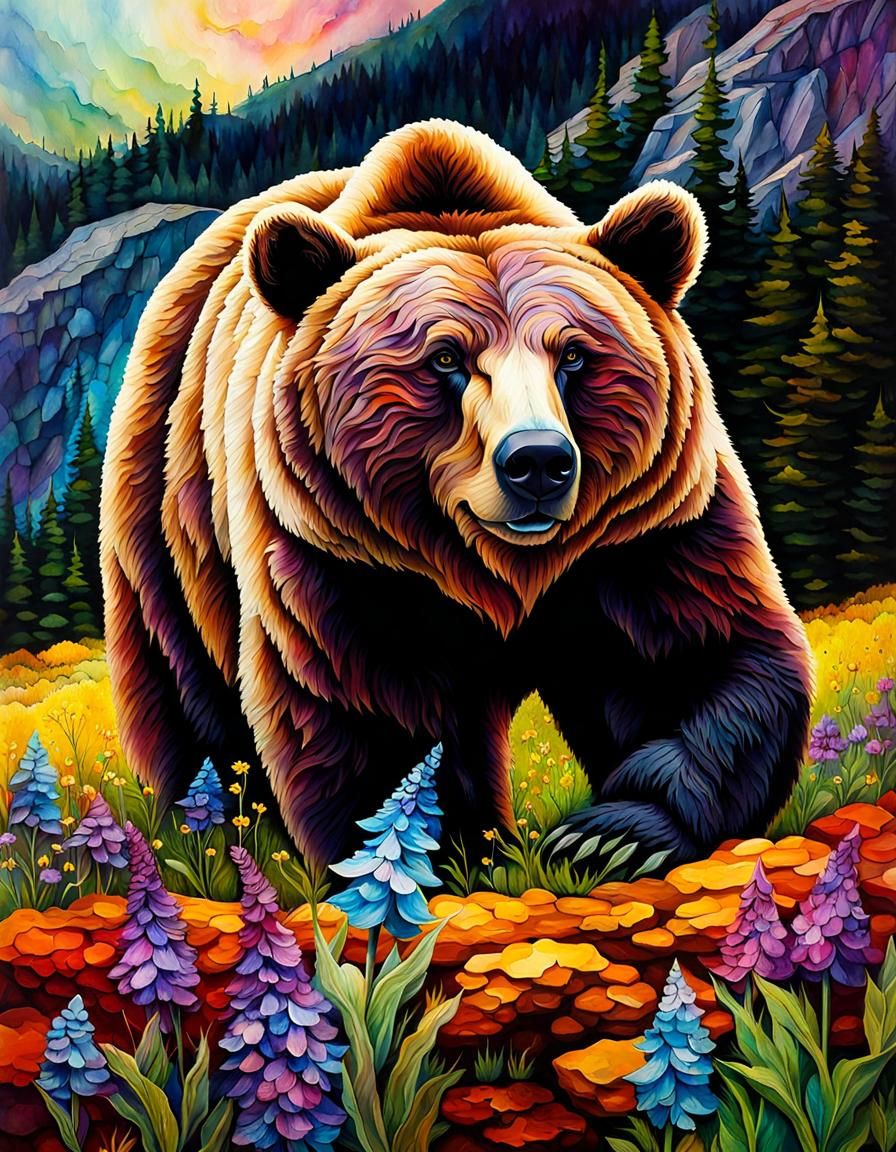 Dramatic Alcohol Ink Bear on Mountain