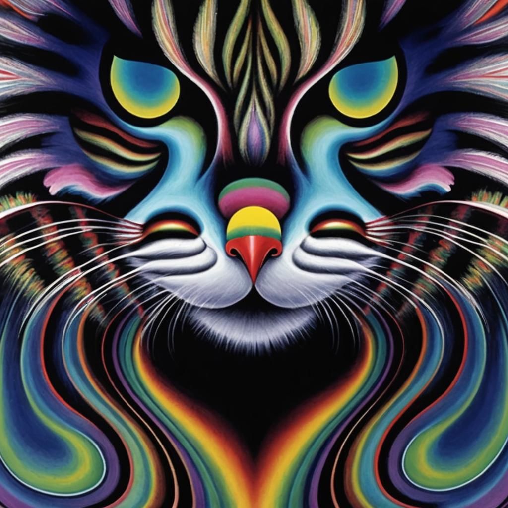 Psychedelic Forest Charcoal Drawing with Spirit Cat