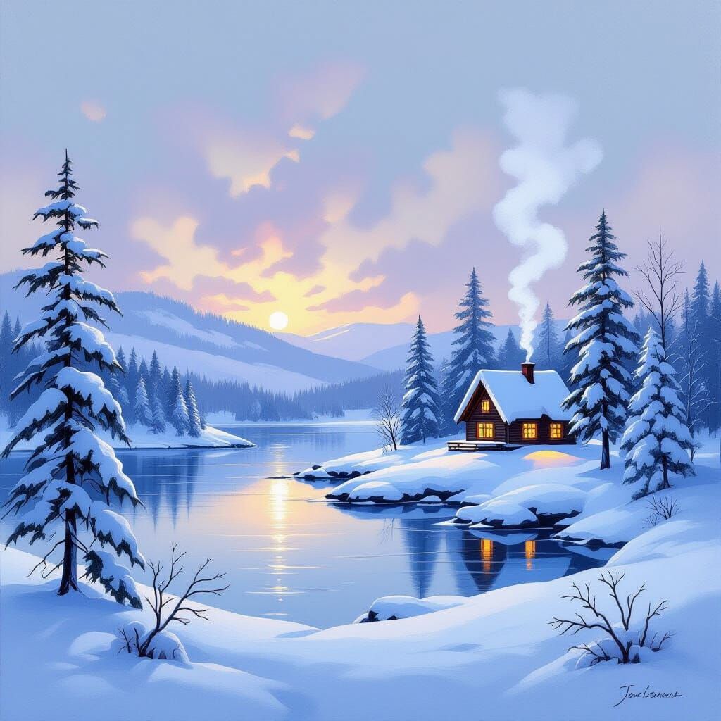 Serene Finnish Winter Landscape Oil Painting