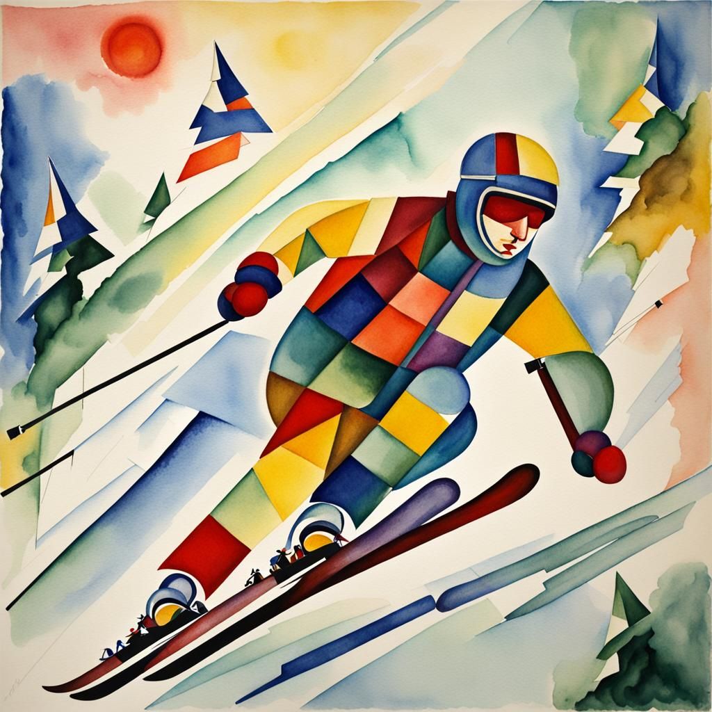 Abstract Cubist Watercolor Painting of a Skier