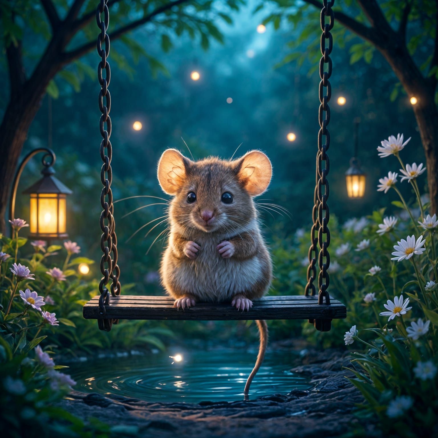 Adorable Mouse in Enchanted Night Garden with Fireflies