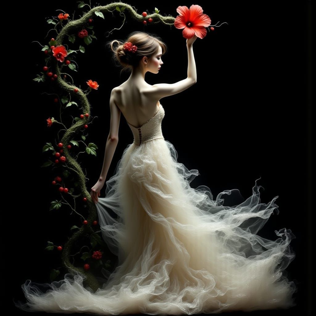 Ethereal Woman with Hibiscus in Elegant Digital Art
