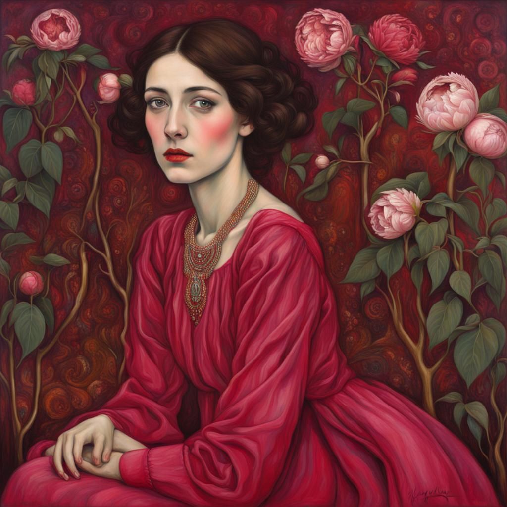 Waifish Woman with Peonies in Pre-Raphaelite Style