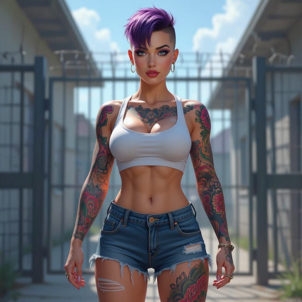 Expressive Woman Outside Penitentiary with Dragon Tattoos