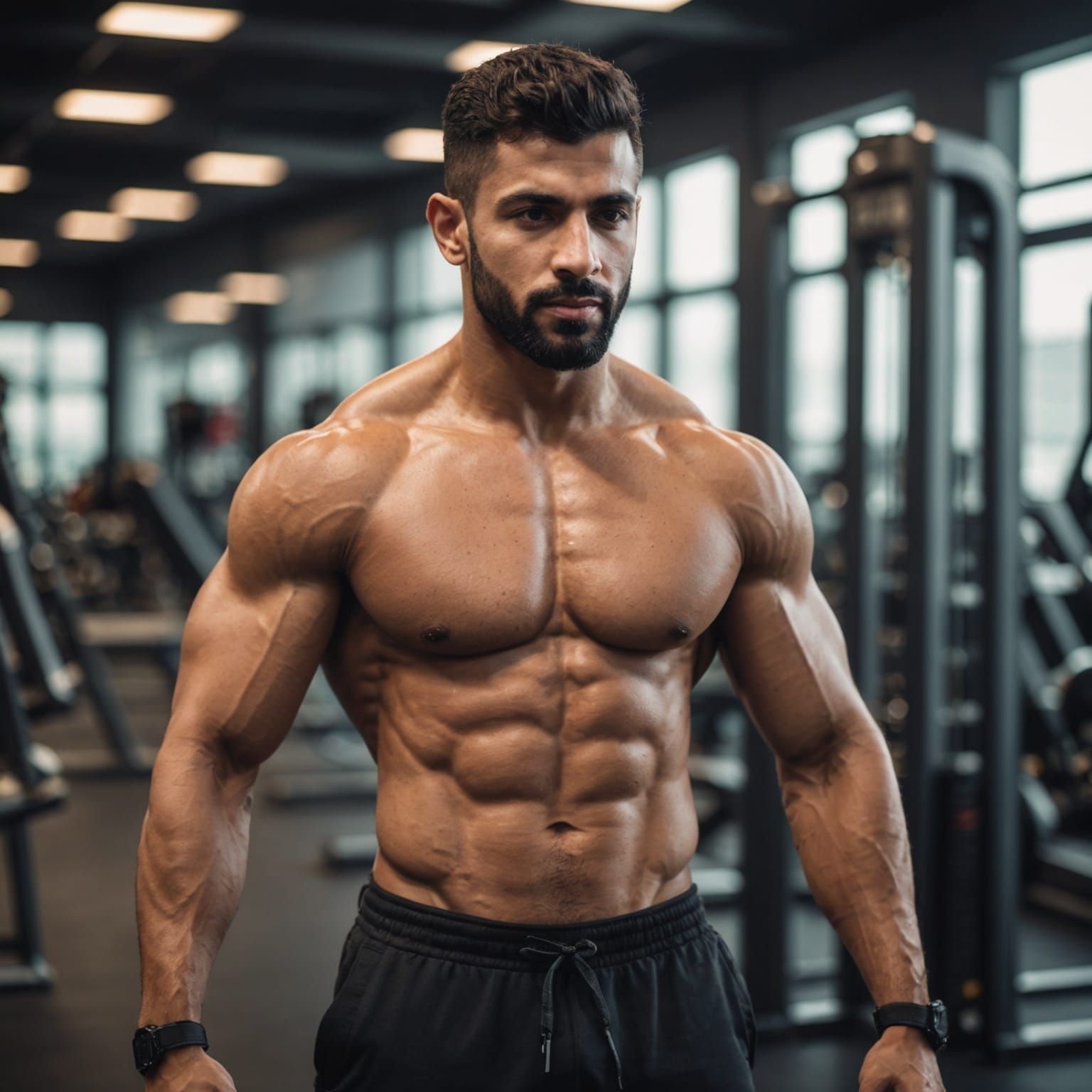Mens physique arab man shirtless in modern gym