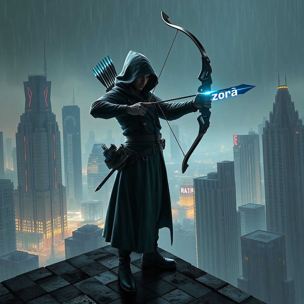 Cyberpunk Robin Hood Aims at Dystopian Cityscape