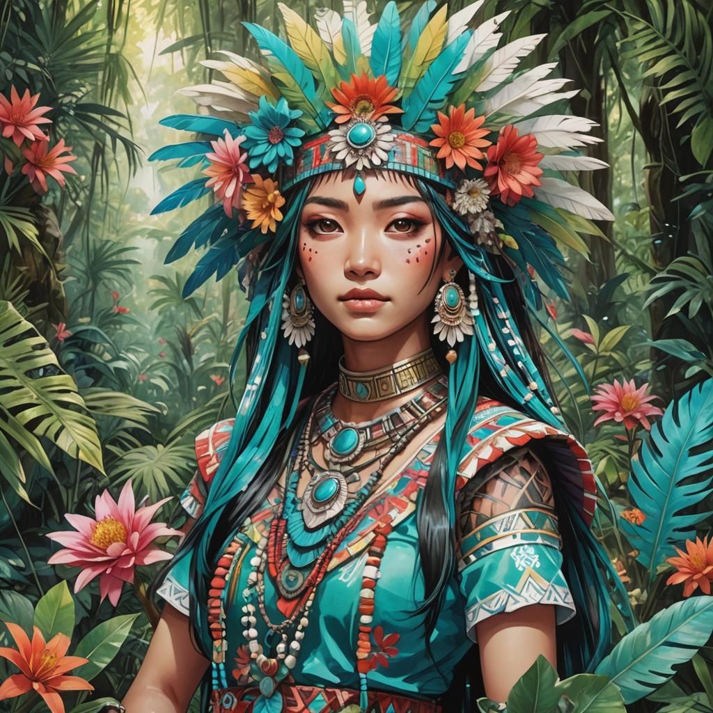 Aztec Woman in Jungle: Vibrant Anime Illustration