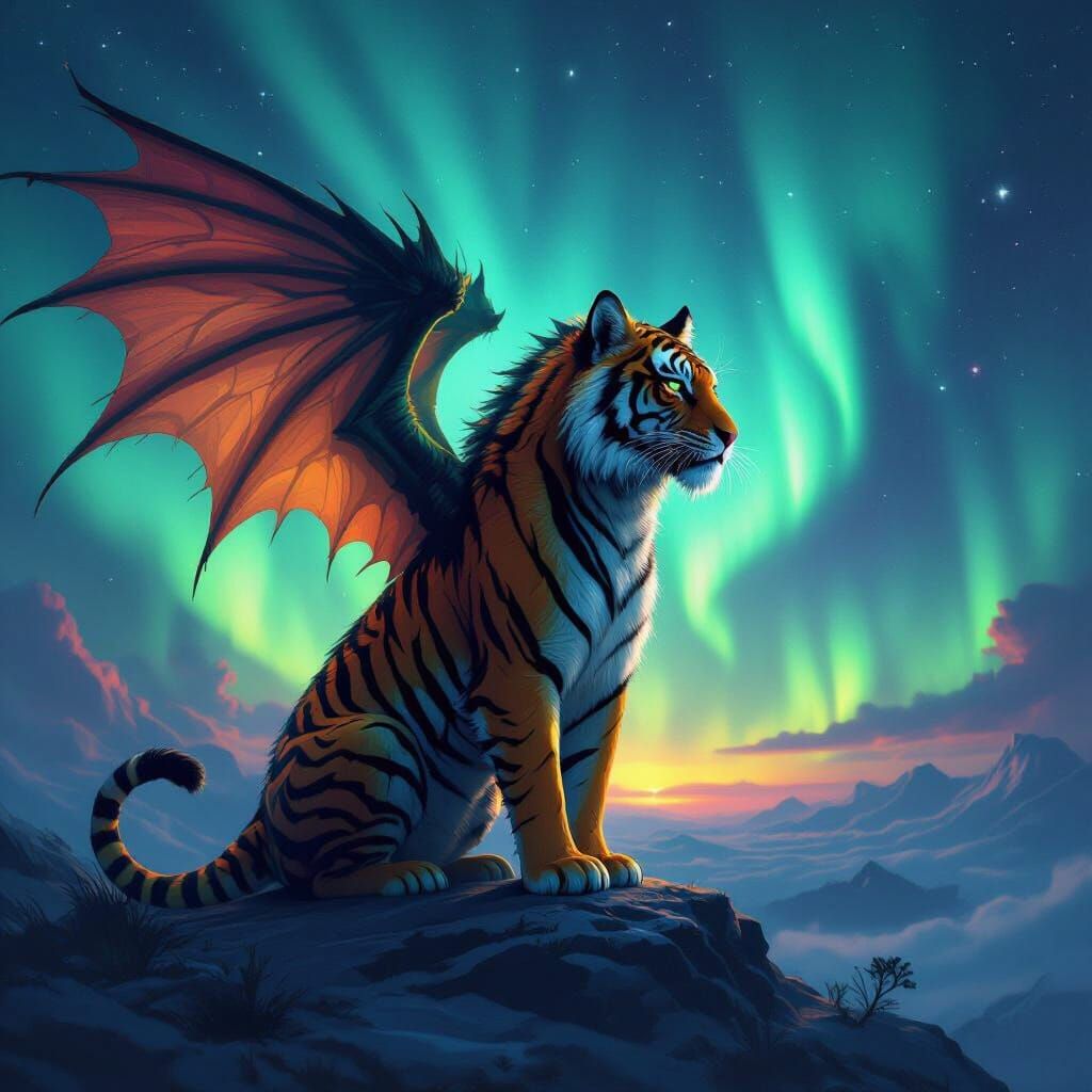 Dragon-Tiger Hybrid Under Ethereal Aurora Borealis