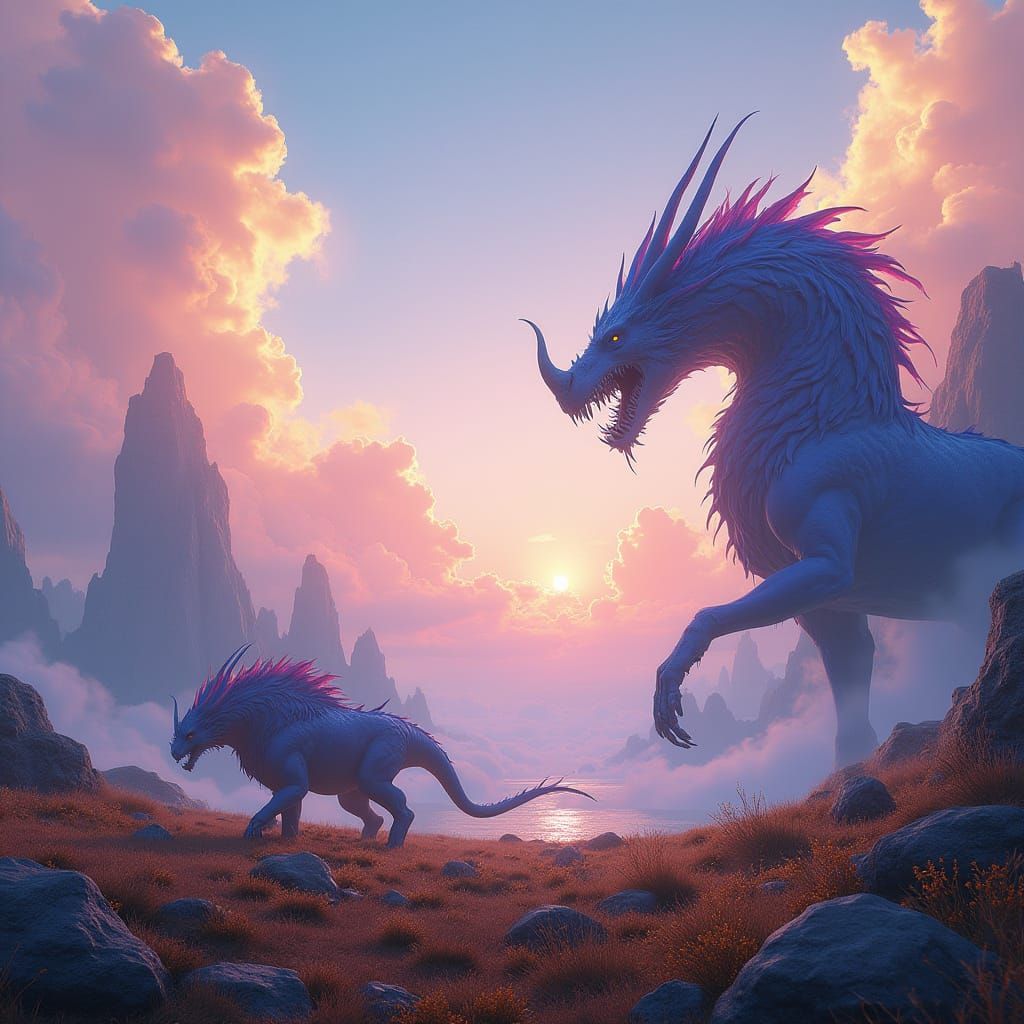 Mythical Beasts in a Vibrant, Dreamlike Landscape