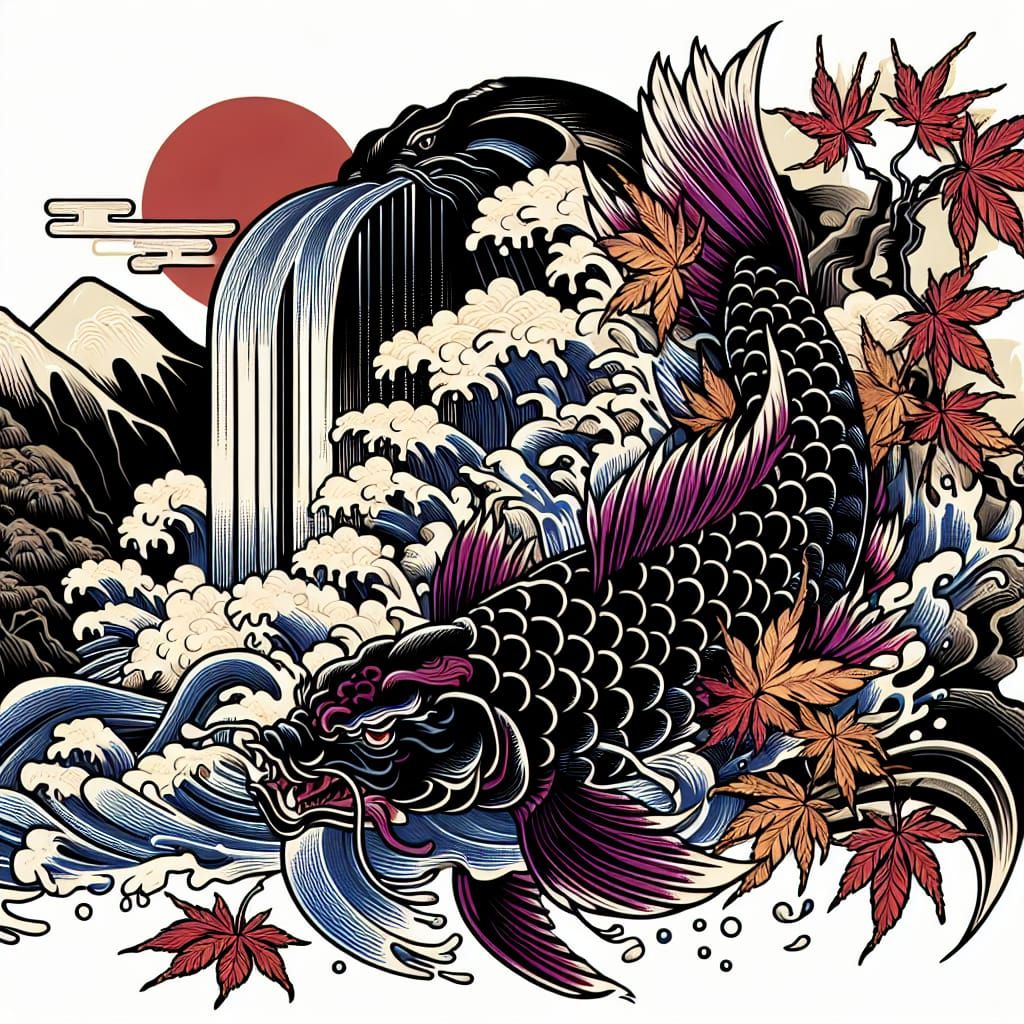 Koi Fish Tattoo Design in Japanese Woodcut Style