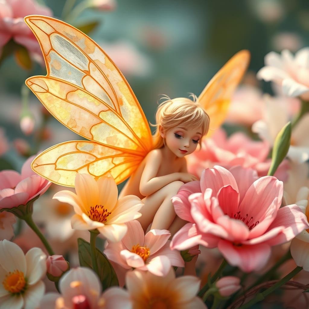 Whimsical Fairy in Floral Close-Up: Watercolor Style