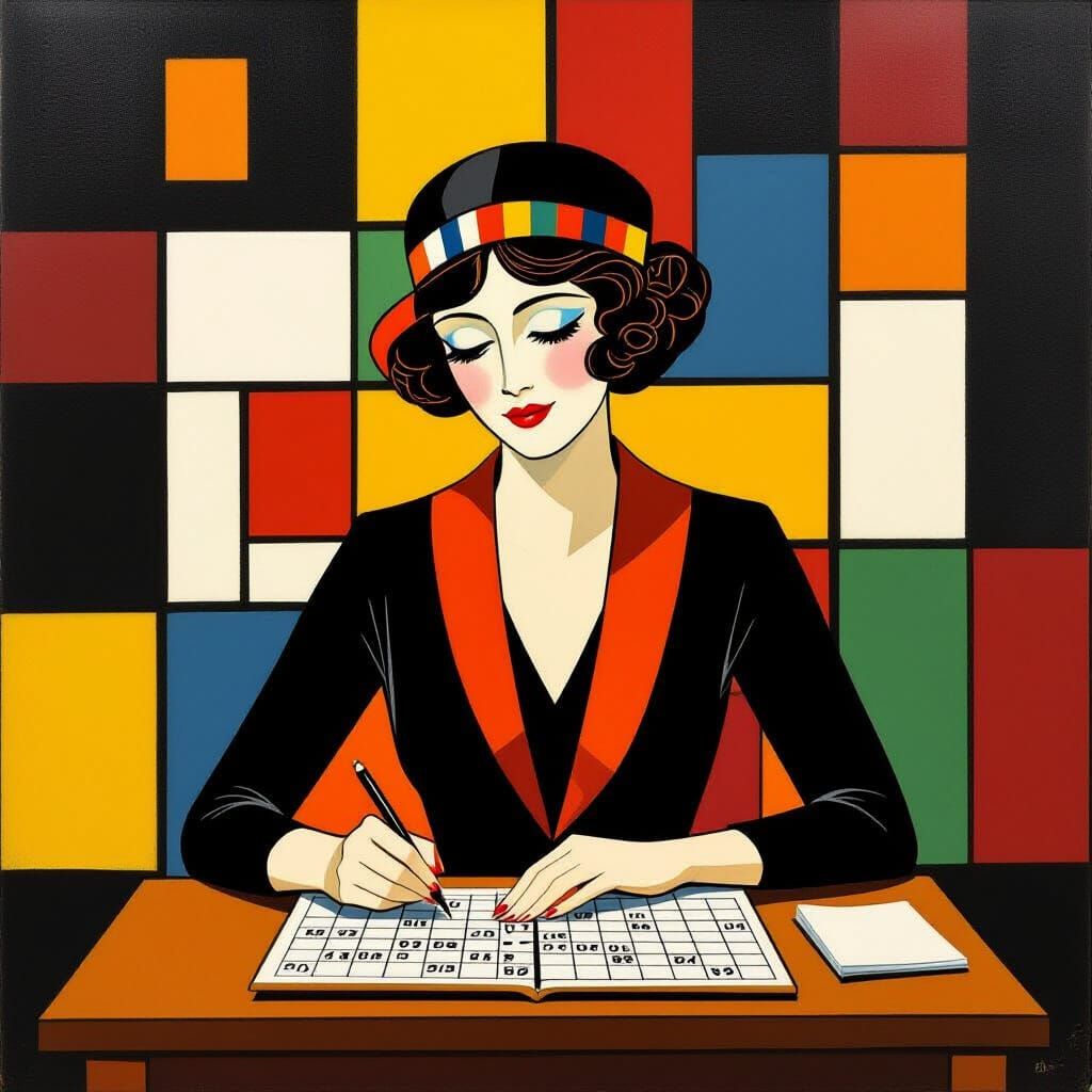 Woman Doing Crossword in Piet Mondrian Style