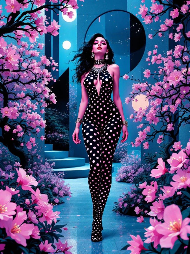 Surreal Cyberpunk Goddess in Polka Dot Array