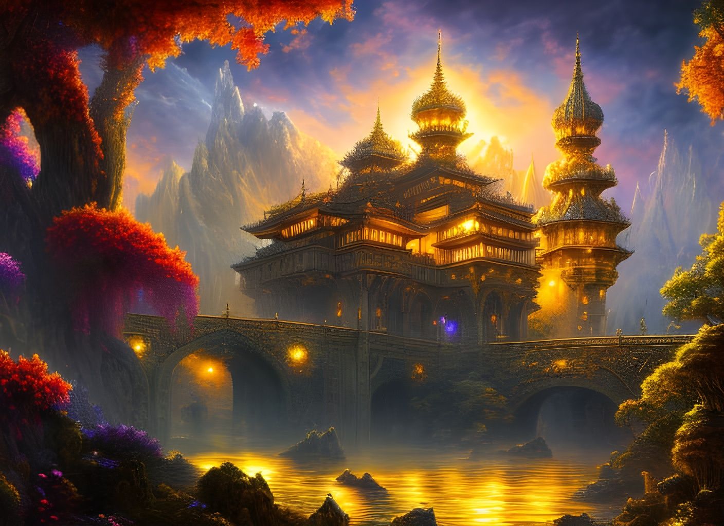 Fantasycore Castle Landscape at Sunset