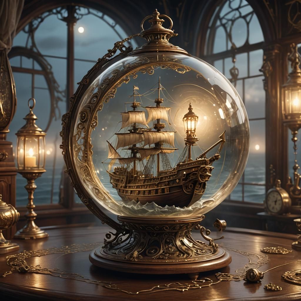 Ghost Ship in Glass Orb: Steampunk Digital Art