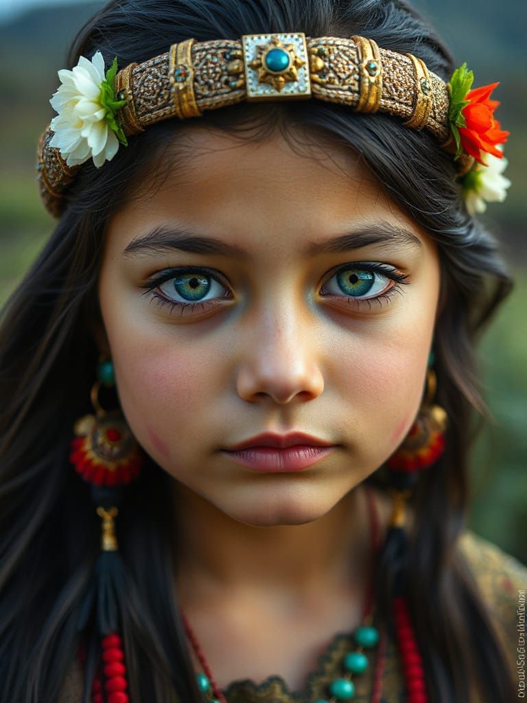 Stunning Mexican Warrior Maiden with Vibrant Forest Green Ey...