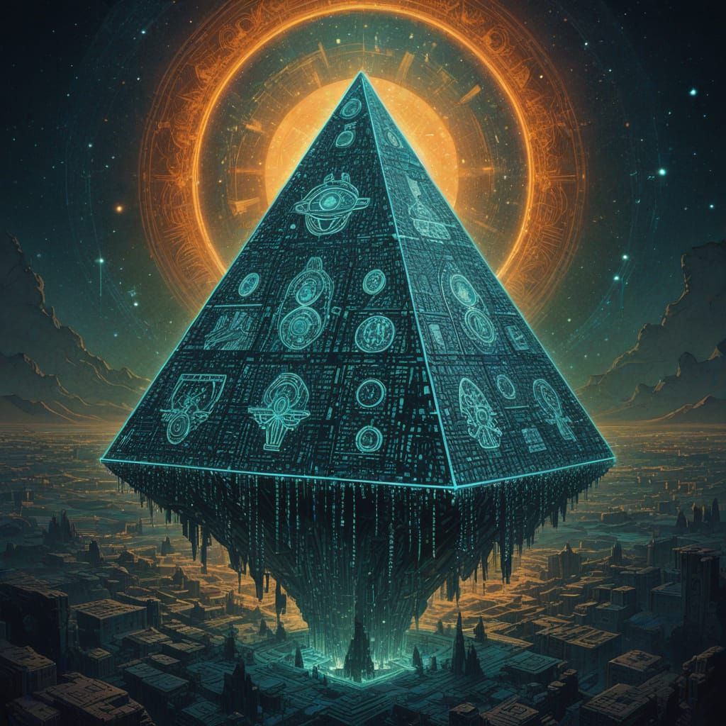 Digital Pyramid in Space with Binary Code and Neon Edges