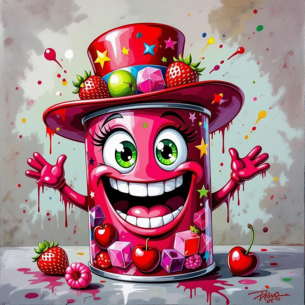 Happy Juice Can with Fruit Hat in Street Art Style