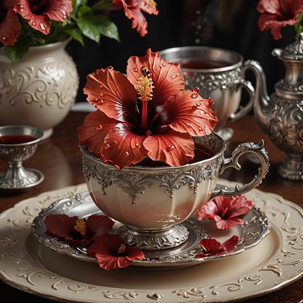 Hibiscus Flower Close-Up with Silver Tea Set