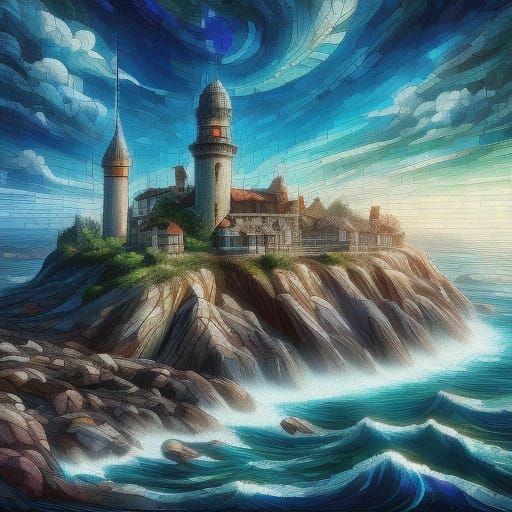 Stunning Cliffside House with Waterfall in Vibrant Fantasy A...
