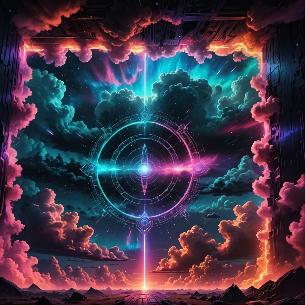 Neon Portal to Infinity with Cosmic Clouds
