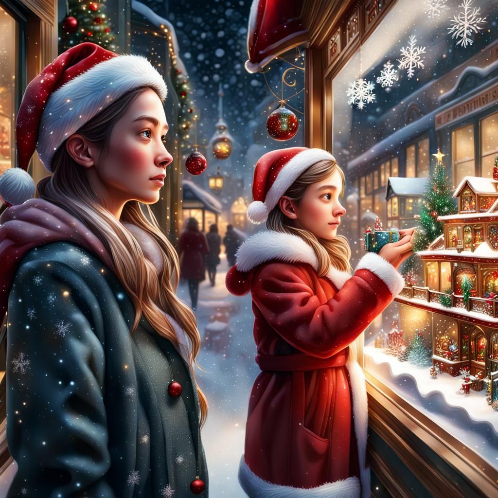 Christmas Eve: Girl and Santa at Toy Shop Window