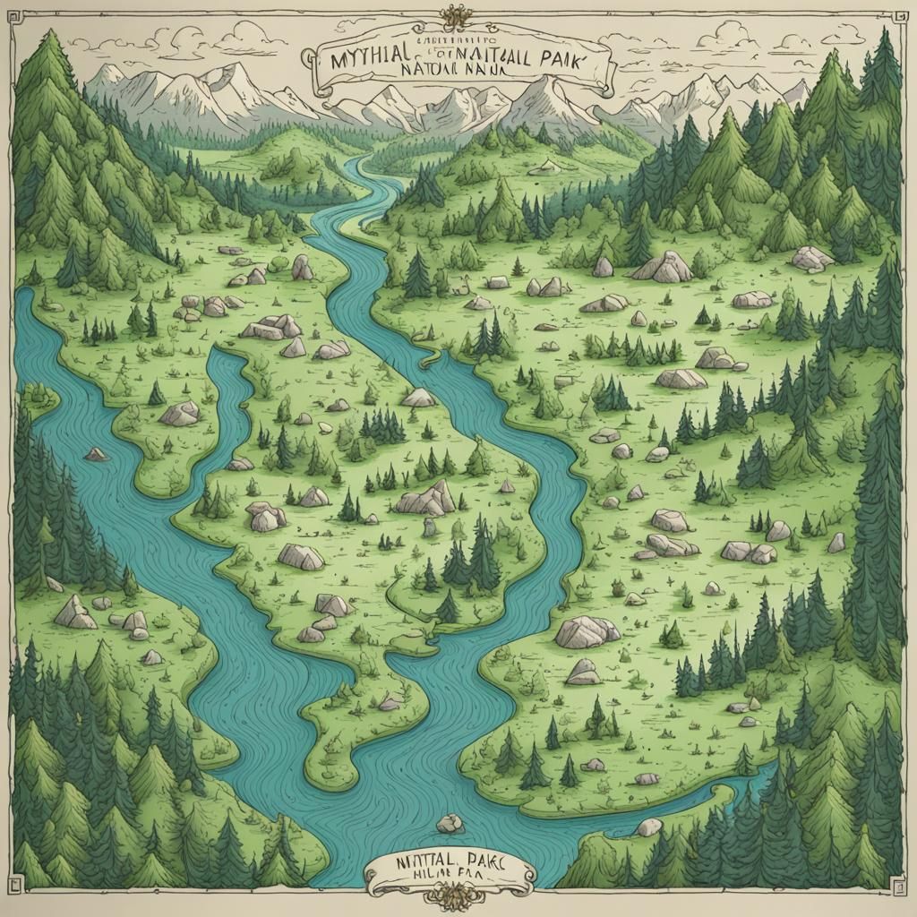 Illustrated Ink Map of Mythical National Park