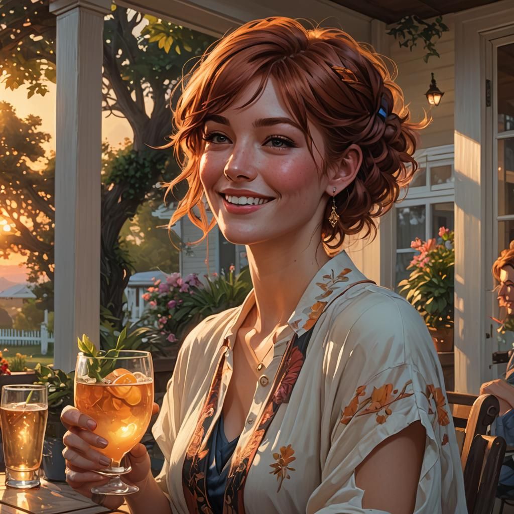 Smiling Woman Watching Sunset: Hyperdetailed Portrait