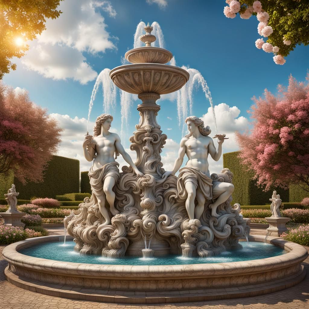 Baroque Aquarius Fountain in a Flowering Garden