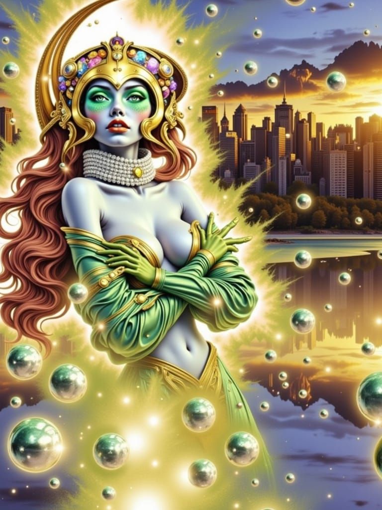 Futuristic Woman in Brass Helmet Before Cityscape