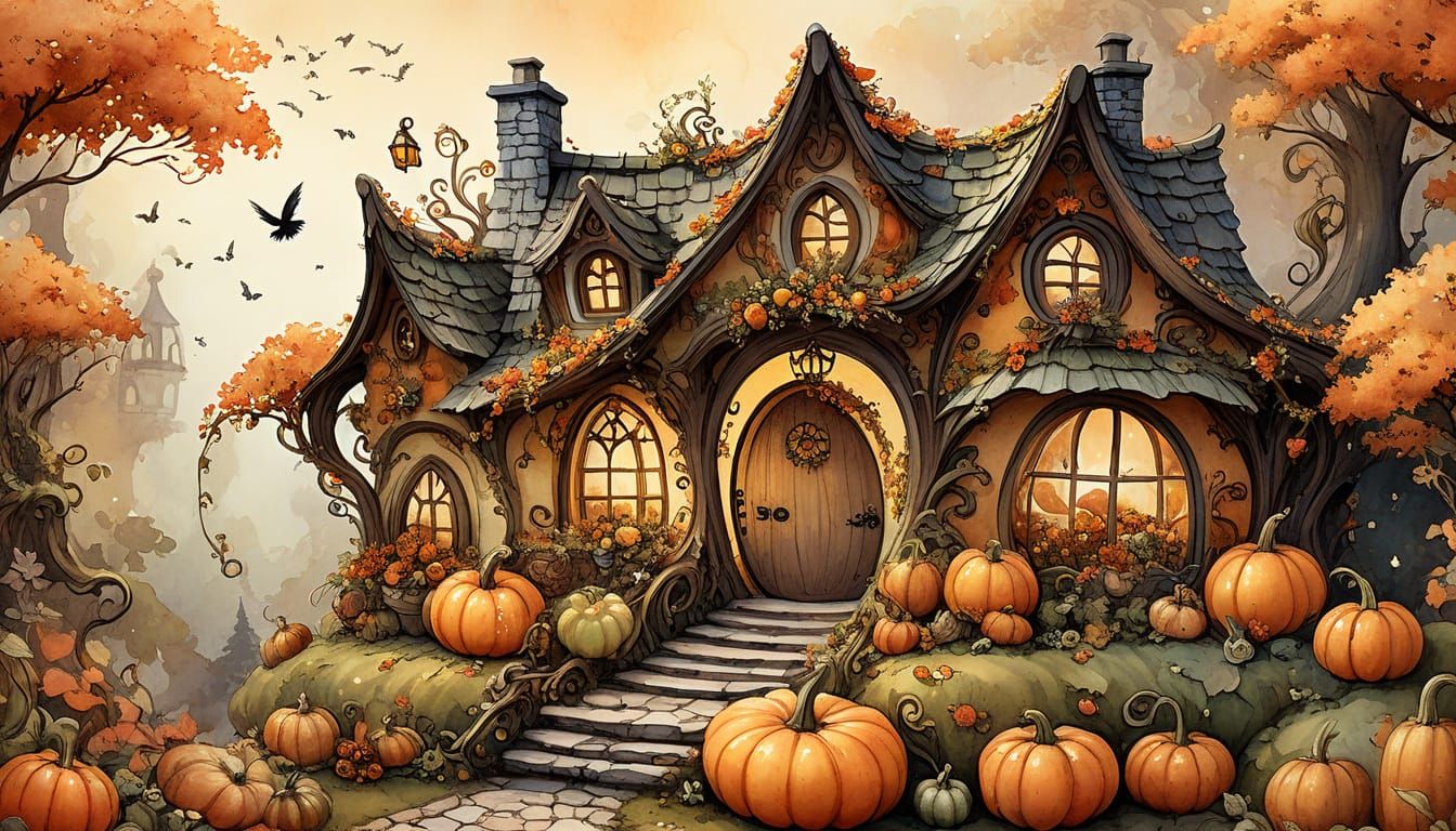 Autumn Fairy in Enchanted Forest with Pumpkins