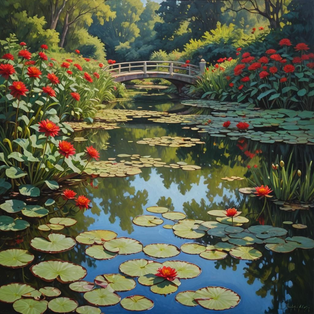 Red Dahlia Reflected in Pond, Oil Painting