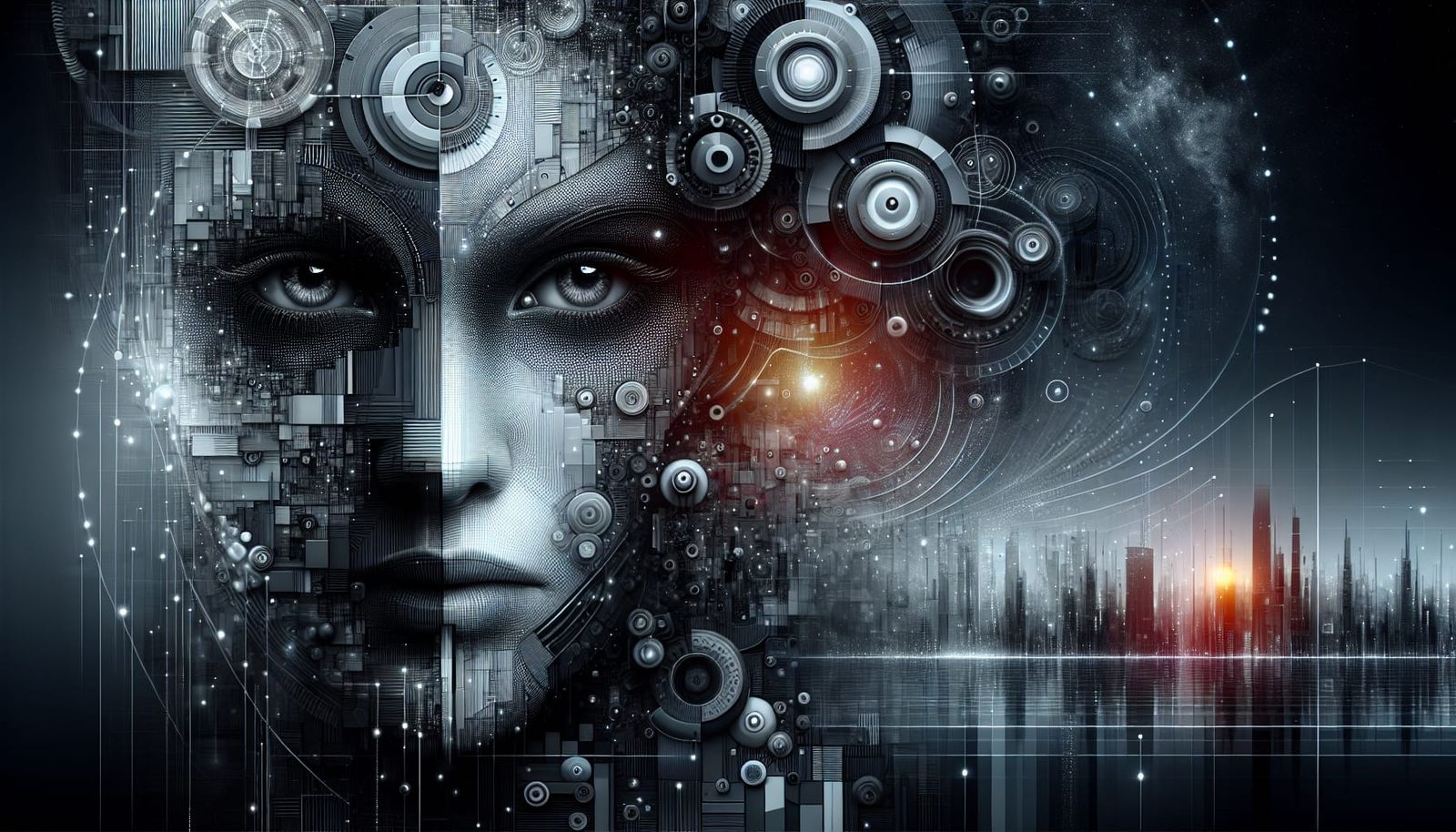 Monochrome Futuristic Cityscape with Abstract Elements