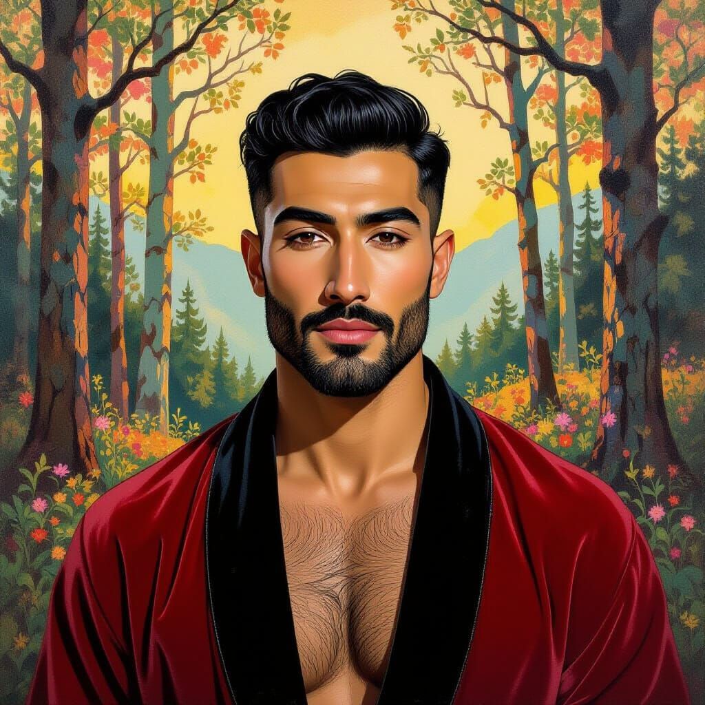Handsome Man in Forest: Impasto Oil Painting