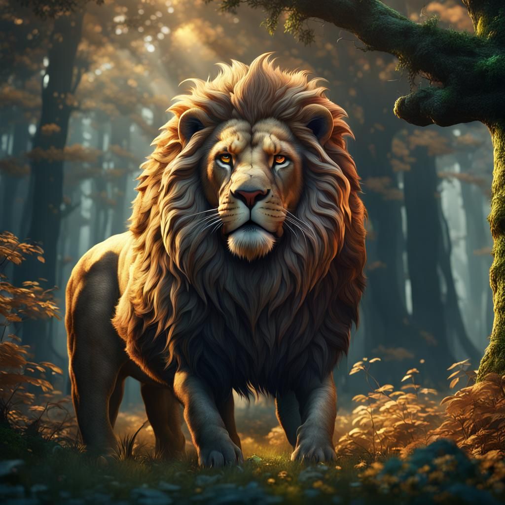 3D Lion in Forest: Detailed Matte Painting
