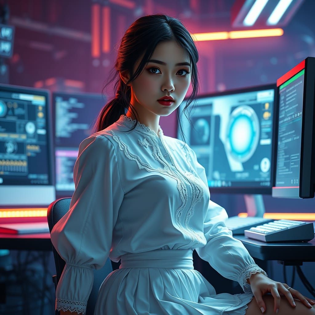 Mysterious Digital Avatar in Futuristic Workstation