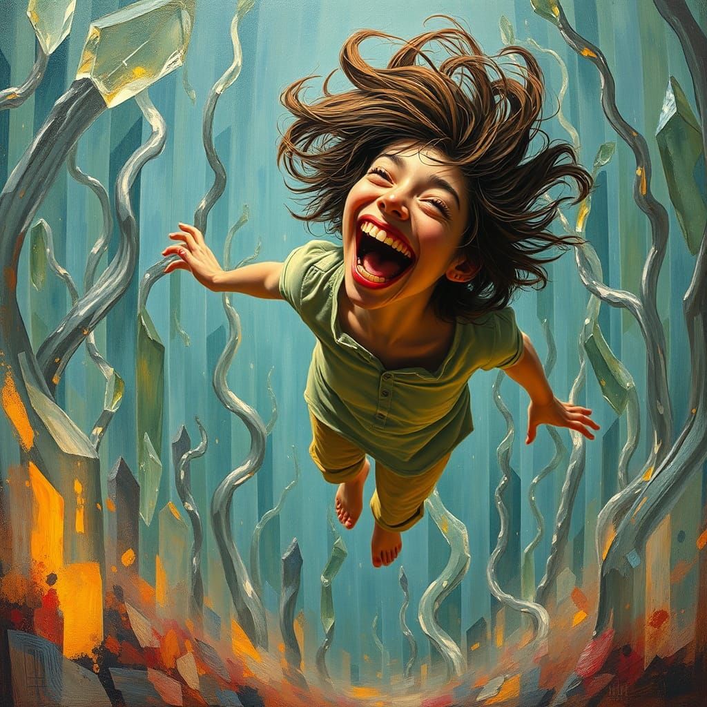 Joyful Figure Laughs in Surreal Glass Forest