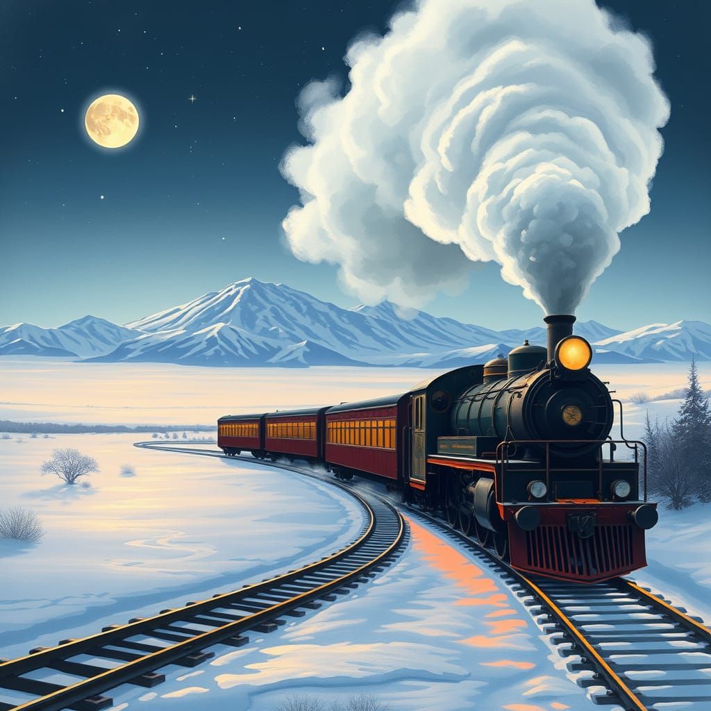 Vintage Steam Train Journey Through Snowy Mountains