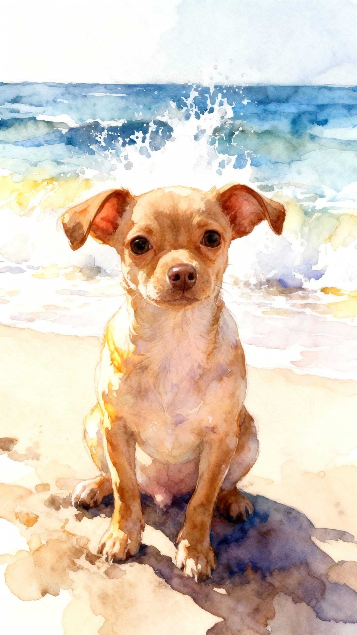 Blonde Chihuahua on Beach in Alcohol Ink Style