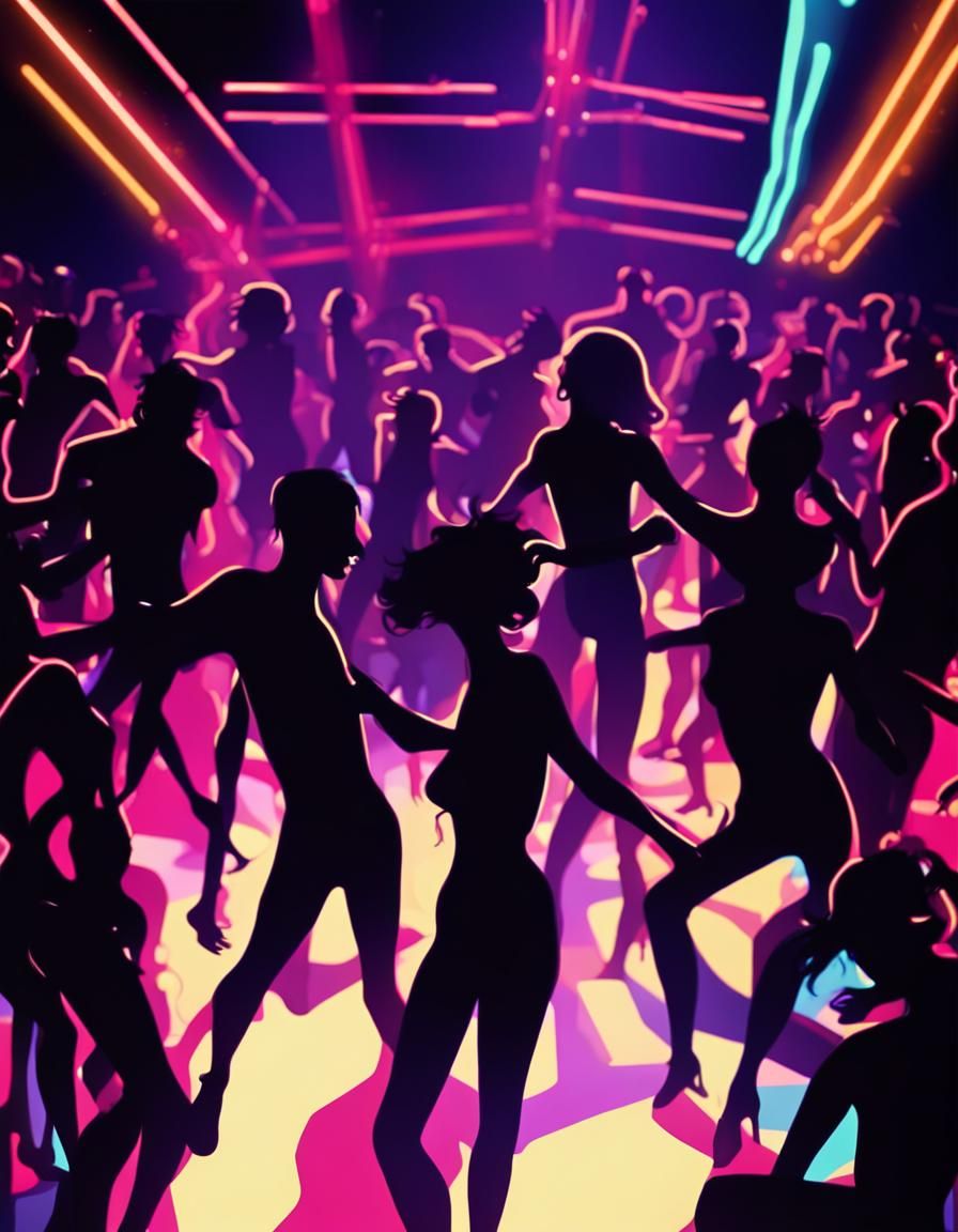 Neon Lit Dancers in Crowded Club