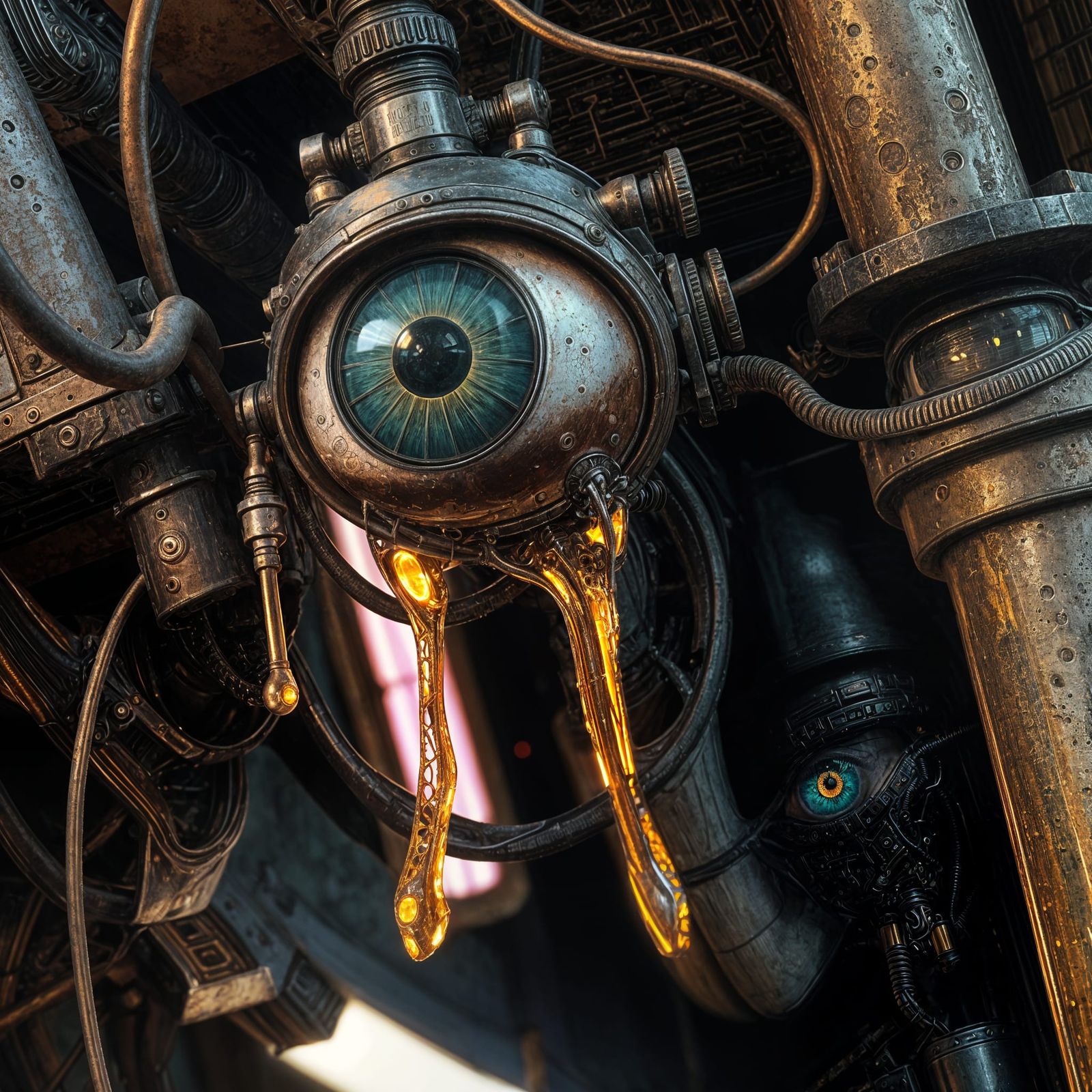 Cybernetic Eye Weeps Molten Gold in a Corroded Neon Hellscap...