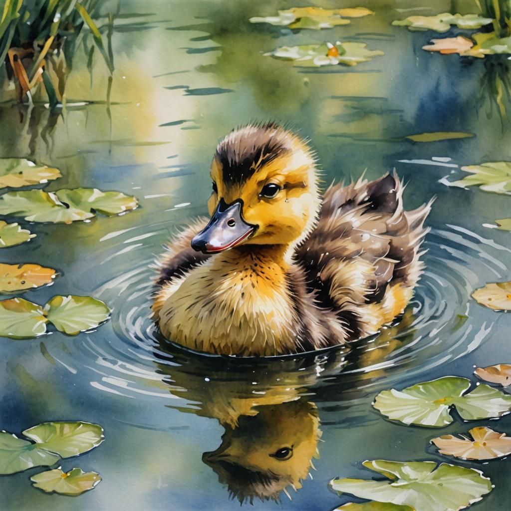Fluffy Duckling in Gouache Watercolor Style